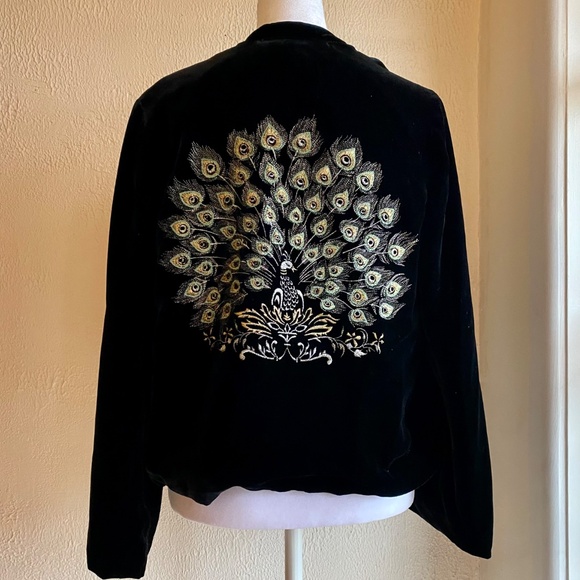 NWOT Lucky Brand black velvet bolero with embroidered peacock on back Size XS/S - Picture 4 of 12